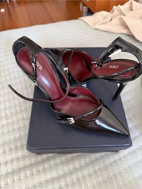 Zara Black Patent Pointed-Toe Ankle-Strap Heels with Red Insole